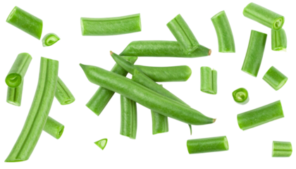 Green beans and slices falling isolated on transparent background