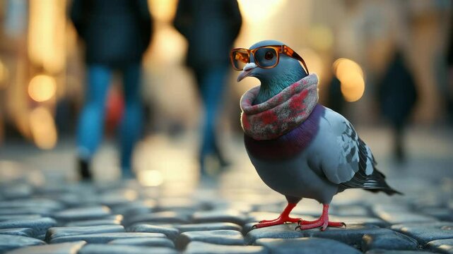 Stylized city pigeon wearing scarf and sunglasses in urban street with golden hour tones, humorous video background for entertainment content and social media with center copy space