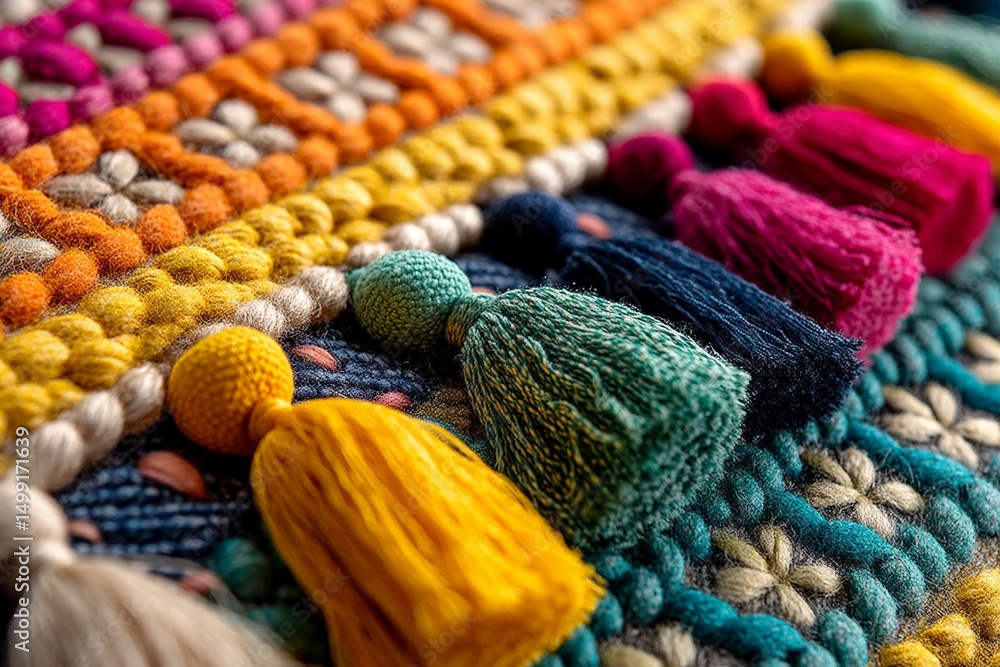 Aufkleber Colorful textile design featuring intricate patterns and vibrant tassels arranged in a neat line