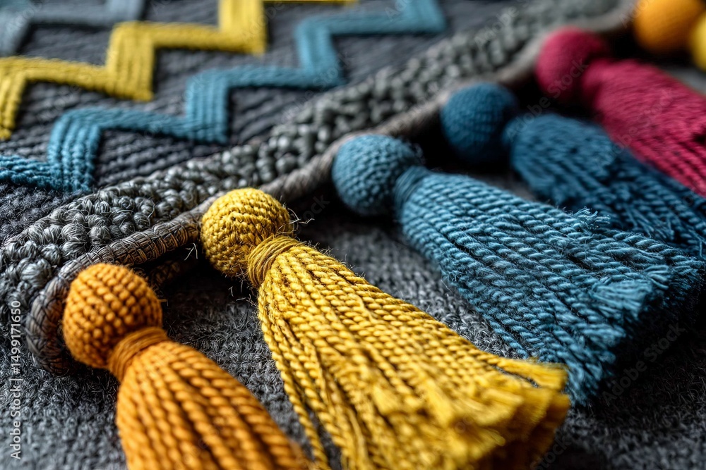 Poster Colorful tassels and woven patterns create a vibrant textile display in a creative workshop setting