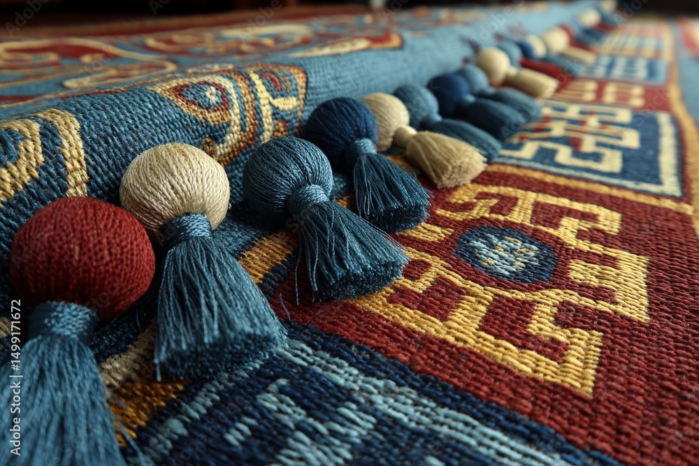Aufkleber crafted decorative tassels on a vibrant woven rug showcasing intricate patterns and textures in a co