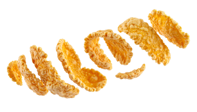 Crunchy corn flakes falling and rotating on transparent background