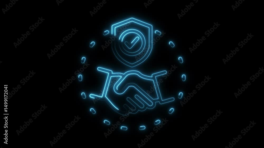 Poster secure partnership agreement animation with handshake and checkmark shield on black background