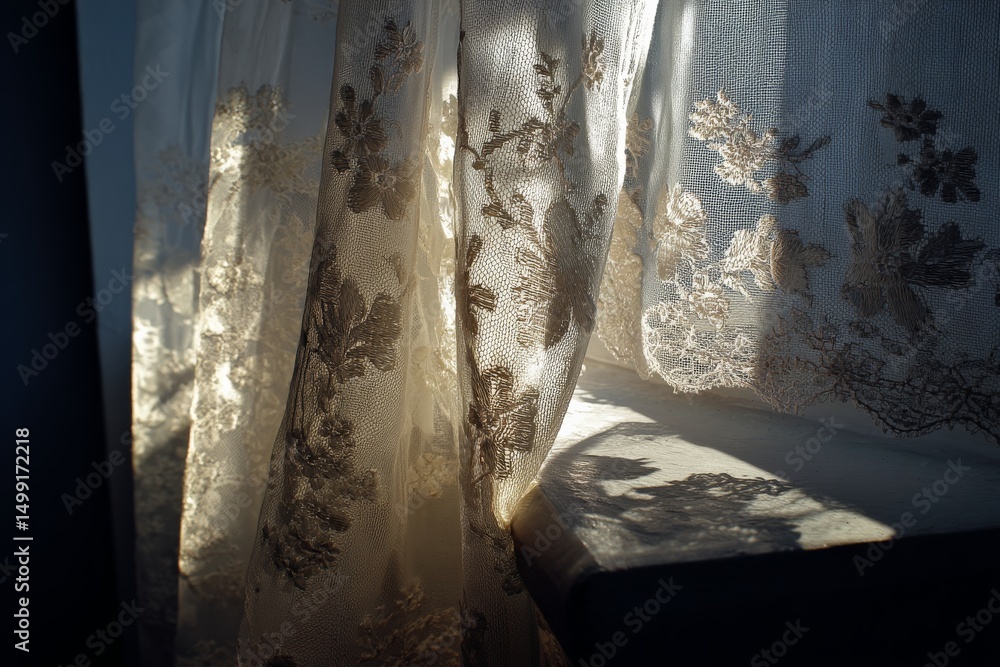 Poster soft light filters through delicate lace curtains in a cozy indoor setting during the afternoon