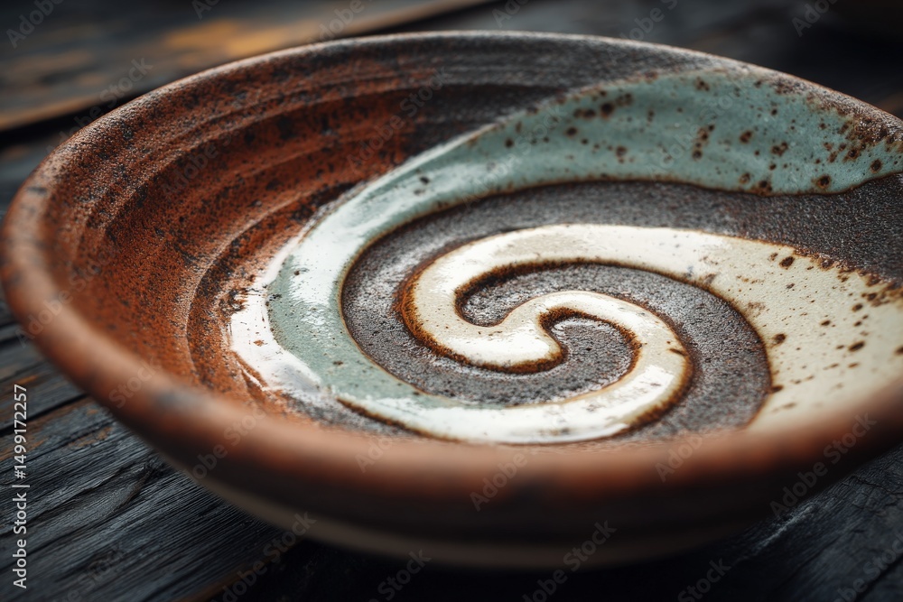 Poster ceramic bowl with unique swirl design showcasing earthy tones and craftsmanship on a rustic wooden s