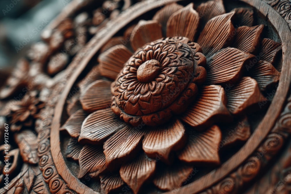 Poster intricate wooden carving featuring a floral design captured in a close-up view showcasing craftsmans