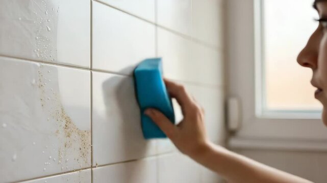 Close-up motion video of woman cleaning dirty bathroom tiles with sponge in soft daylight, natural warm tones, with copy space on the right, realistic footage for home care ads, cleaning product brand