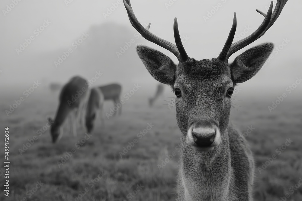 Poster close-up of a deer in a foggy meadow with other deer in the background during early morning hours