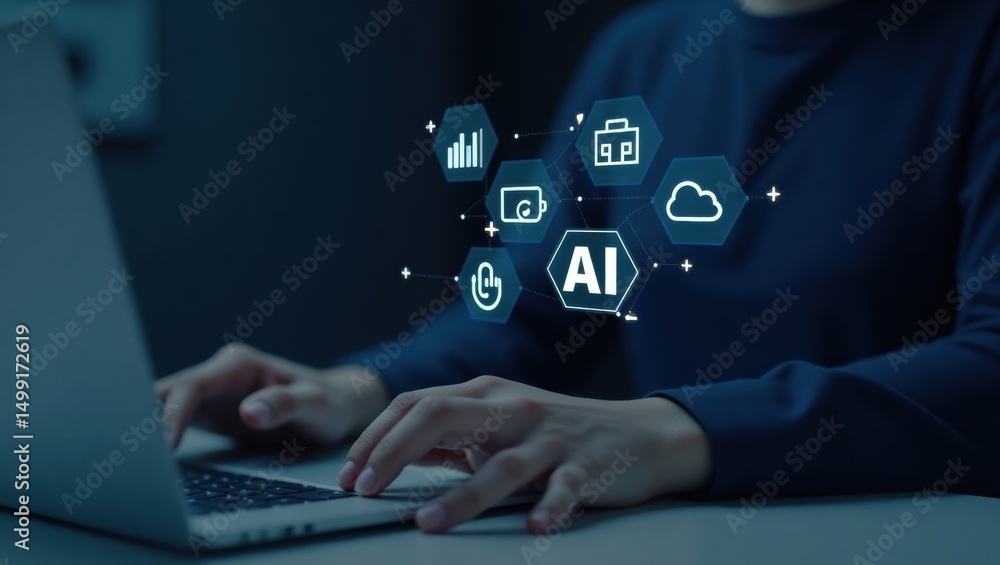 Poster hands typing on a laptop with holographic icons related to artificial intelligence.