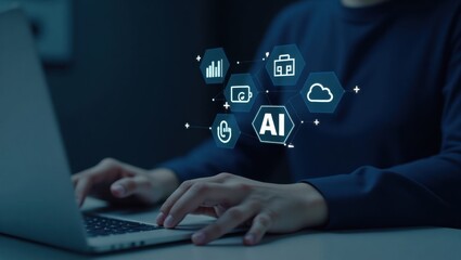 Hands typing on a laptop with holographic icons related to artificial intelligence.