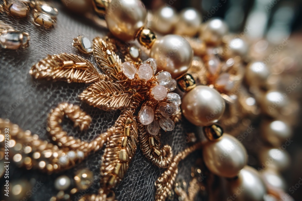 Poster intricate embroidery featuring pearls and gems on elegant fabric displayed close up in a fashion set