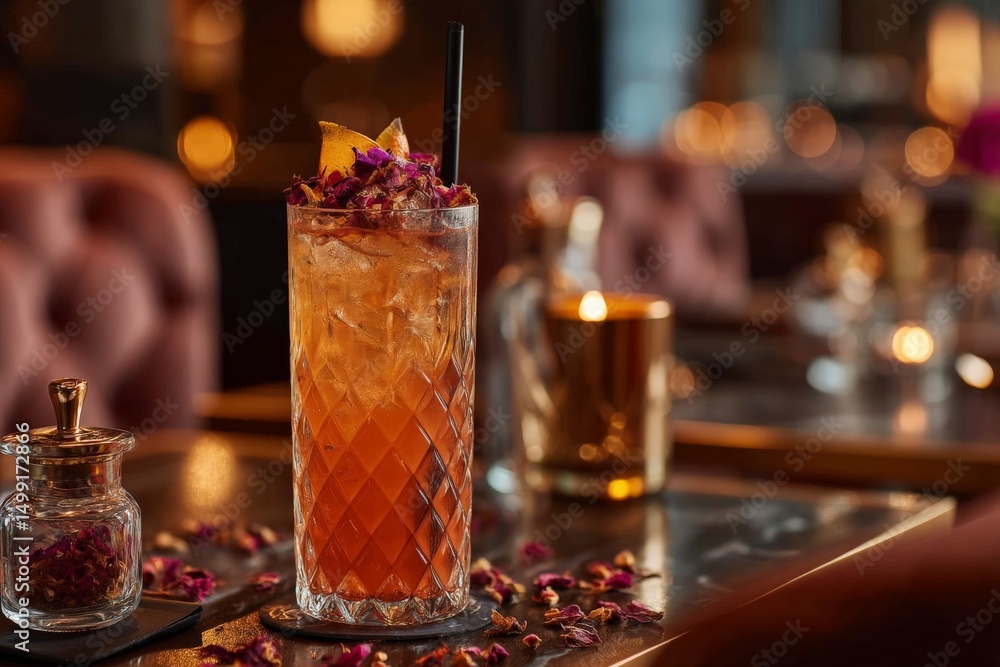 Poster luxurious cocktail with floral garnish served in an elegant setting during evening hours