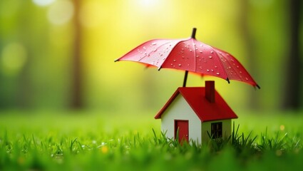 Miniature house protected by an umbrella in a grassy area.
