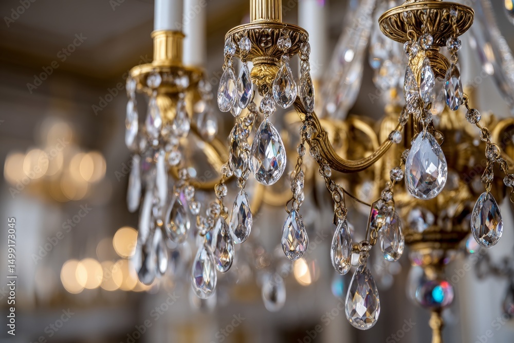 Poster elegant chandelier adorned with shimmering crystals illuminating a grand hall during a daytime event