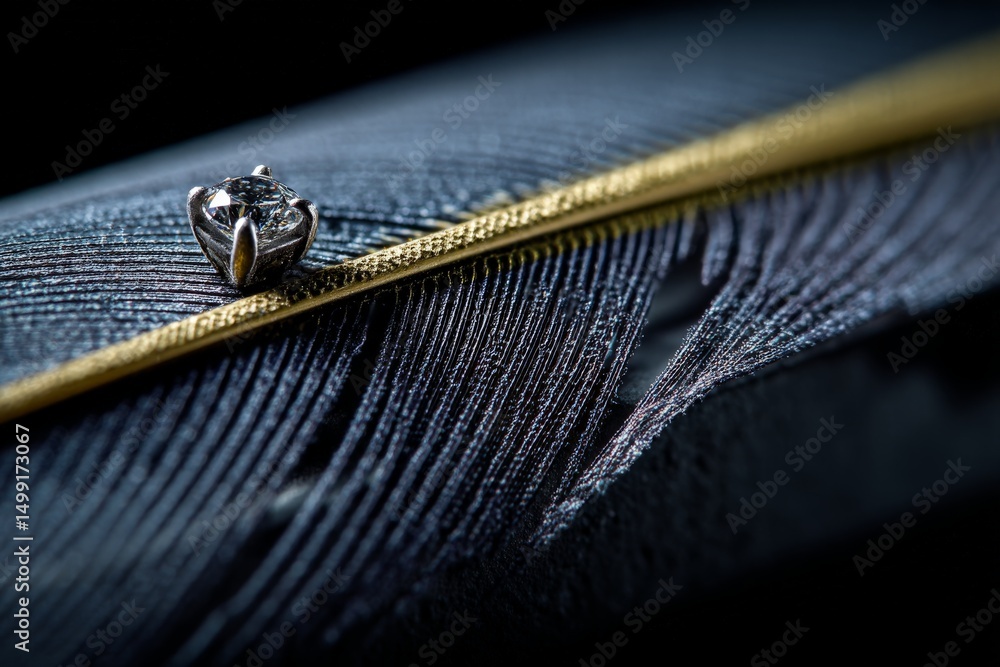 Poster Close-up of a fine feather with a sparkling gem and golden embellishment showcasing intricate details and elegance