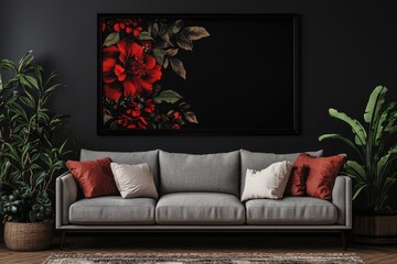 Dark room features a grey couch, red floral artwork, and potted plants.  The artwork has a black background and features dark red flowers and leaves