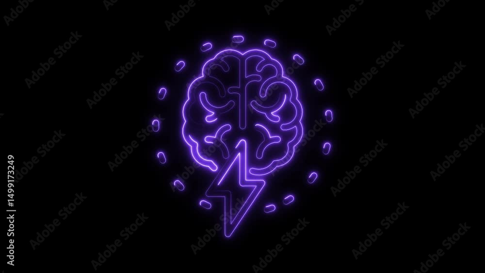 Poster neon brain power animation visualizing intelligence and innovation with a lightning bolt on black ba