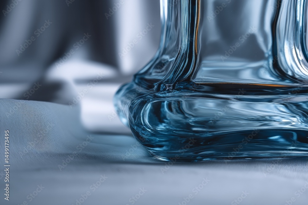 Poster transparent glass vase resting on a soft, light-colored fabric with gentle reflections in a well-lit