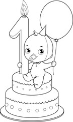 Baby boy on a birthday cake celebrating his first birthday holding a balloon. Birthday party child with cake and balloon. Vector black and white coloring page.