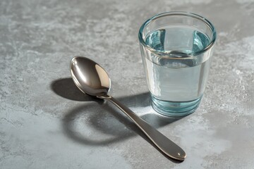 Glass of water with a metal spoon on a gray textured surface under natural light