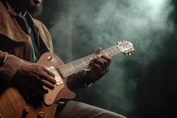 Obraz premium Guitarist performing brown electric guitar, generating intense musical mood amid smoky stage lighting