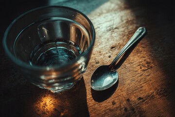 Glass of water and spoon on wooden table with sunlight shining in evening