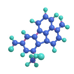 Complex Molecular Structure: 3D Rendering of a Detailed Chemical Compound with Varied Atom Sizes and Colors Illustrating intricate bonds and spatial arrangement of atoms