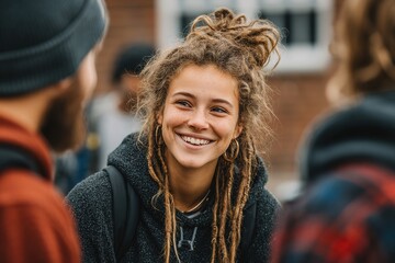 Happy student and her college friends communicating outdoors after lecture. High quality