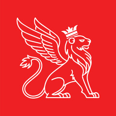 White Winged Lion with Crown Outline on Red