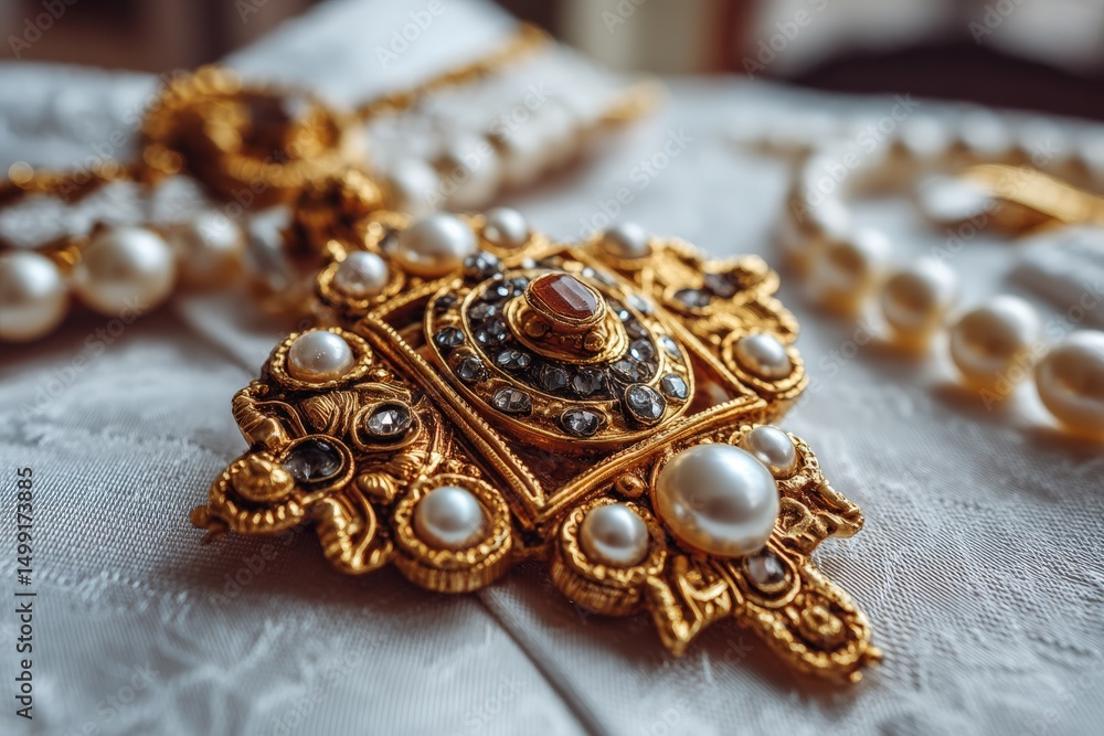 Poster intricate gold pendant adorned with pearls and gemstones displayed on an elegant fabric background i