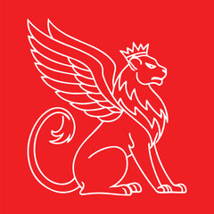 White Winged Lion with Crown Outline on Red
