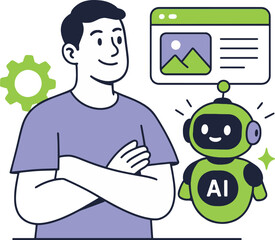 AI Technology Vector: Man with Robot and Gear.