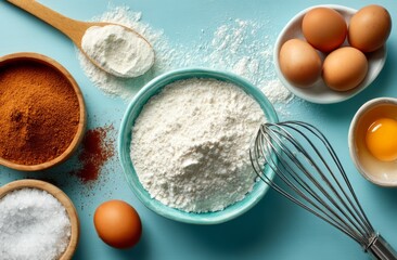 Fototapeta premium Baking ingredients arranged on a light blue surface.