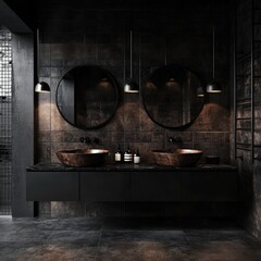 Dark, moody bathroom with dual wooden sinks, large round mirrors, dark tile, and minimalist black vanity