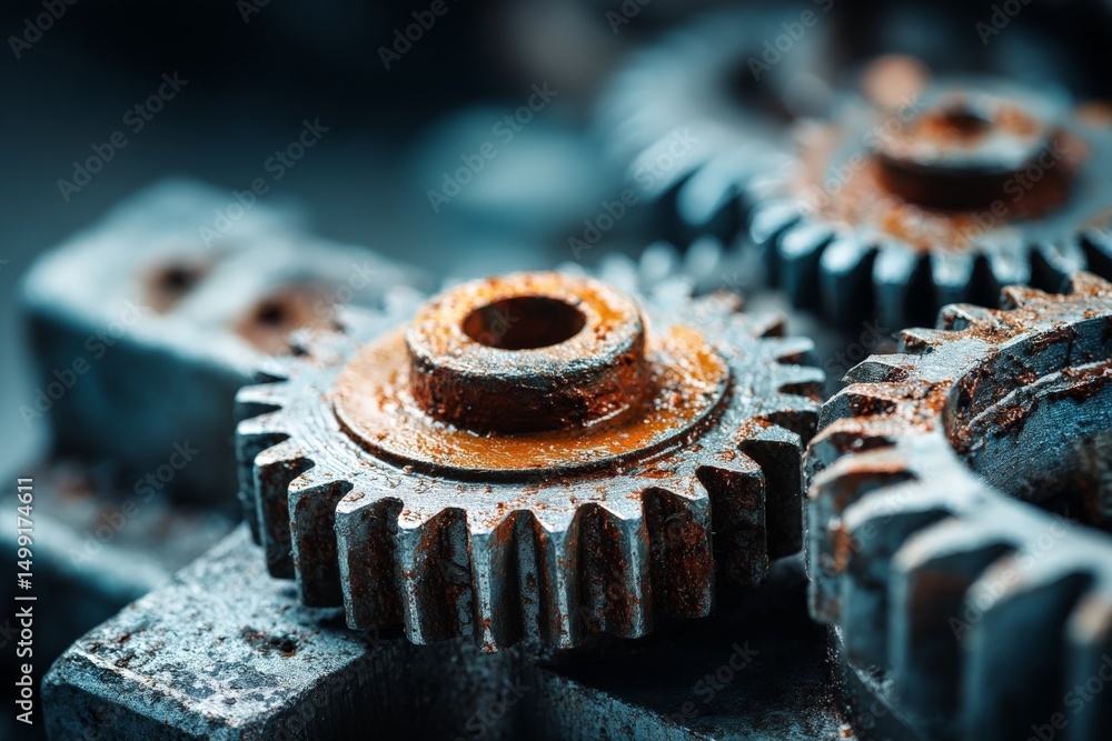 Aufkleber Close-up view of rusty gears showcasing industrial decay and mechanical intricacy in an abandoned workshop setting