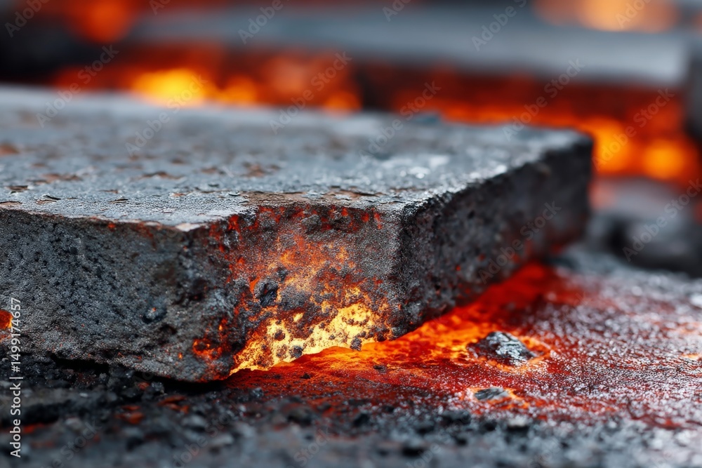 Poster bright molten metal flows around a solid steel block in a foundry during metalcasting process