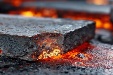 Bright molten metal flows around a solid steel block in a foundry during metalcasting process