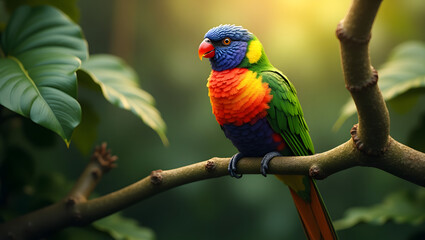 Obraz premium Vibrant Rainbow Lorikeet Perched on Branch in Lush Tropical Foliage