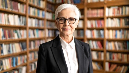 Portrait of an older woman wearing glasses and a business suit in front of a library background with bookshelves filled with books