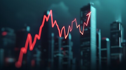 Fototapeta premium A glowing red financial graph rises and falls over a blurred cityscape, symbolizing urban economic trends and stock market activity.