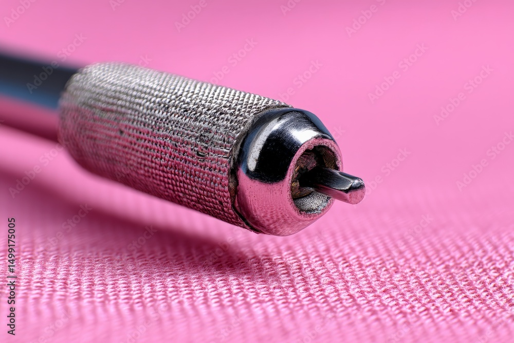 Poster close-up view of a metallic pen tip resting on a pink textured surface showcasing details and crafts