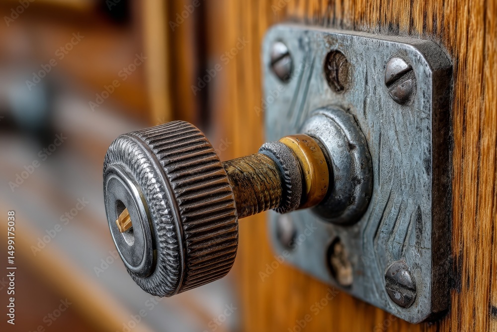 Poster close up of a vintage door knob and hardware in a rustic interior setting highlighting intricate des