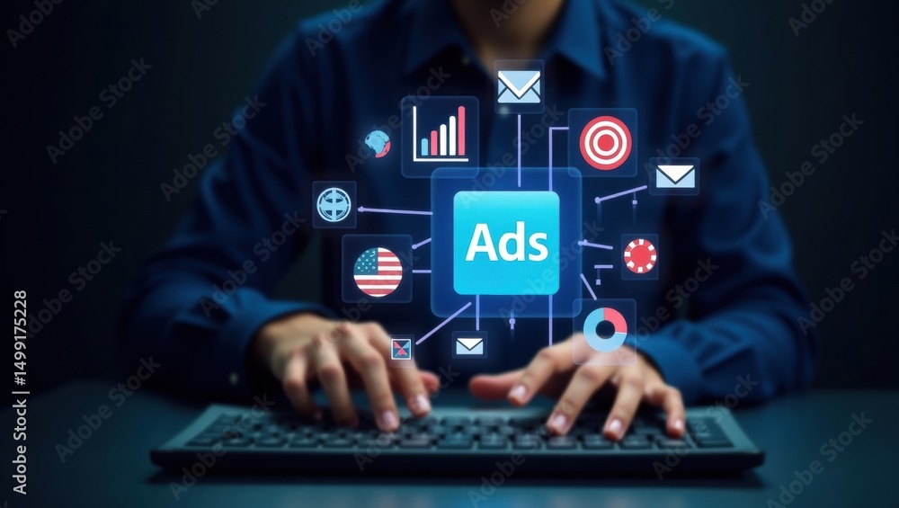 Aufkleber person working on computer with ads interface.