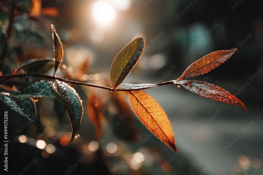 Poster leaves glistening in morning light with soft bokeh background creating a serene outdoor atmosphere