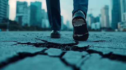 Fototapeta premium A person in worn shoes walks on a cracked city street, with skyscrapers blurred in the background.