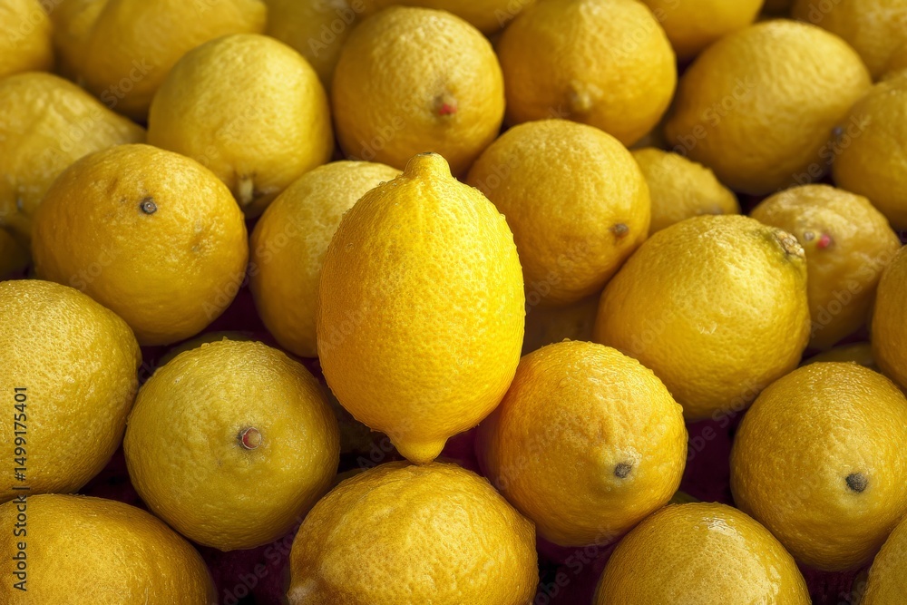Poster fresh lemons piled together with one lemon standing out in the center, showcasing vivid yellow color