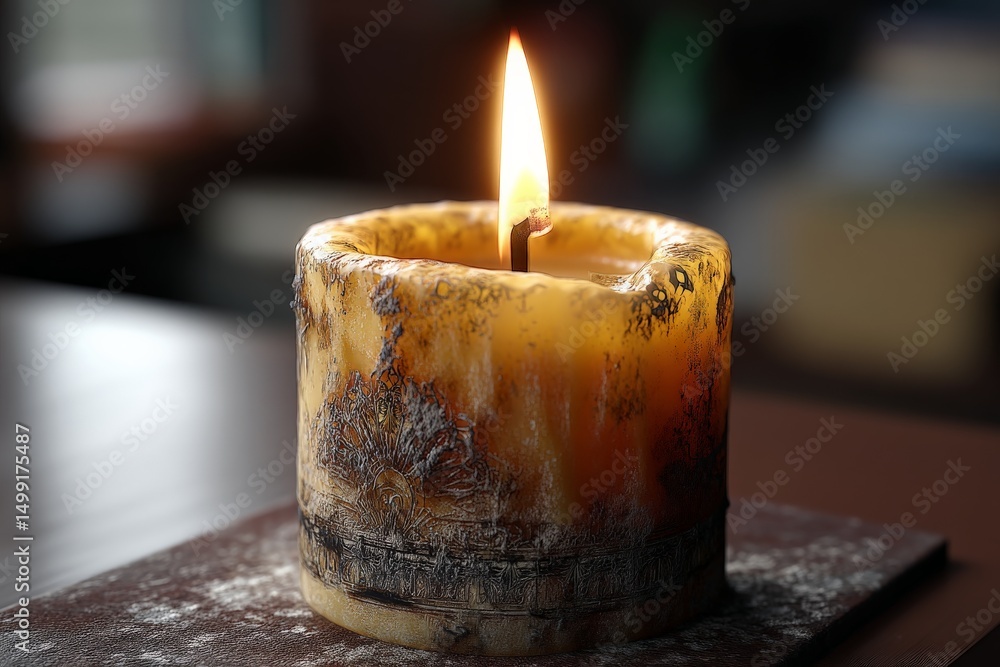 Poster melted candle with flickering flame on wooden surface creating warm atmosphere in cozy indoor settin