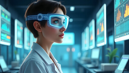 Scientist using futuristic AR glasses in a modern laboratory analyzing data
