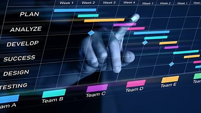 Hand Interacting with Futuristic Business Project Management Chart with Vibrant Colors on a Dark Blue Digital Display Background