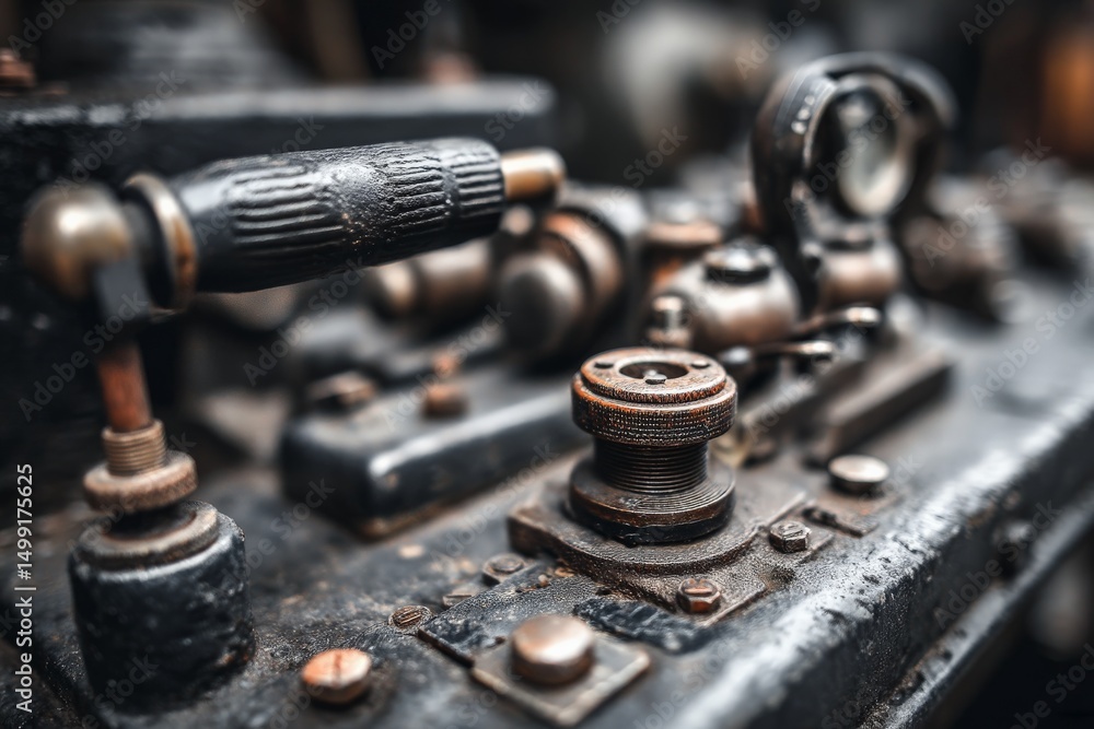 Poster close-up view of vintage mechanical controls showcasing intricate details and textures in a dark set